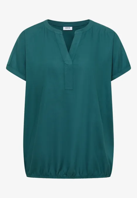Blouse met korte mouwen en gespleten hals jungle green Donkergroene, kortmouwige top met V-hals en elastische zoom.