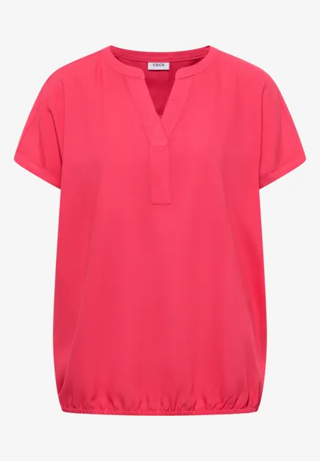 Blouse met korte mouwen en gespleten hals geranium red Roze kort mouw blouse met V-hals en elastische zoom.