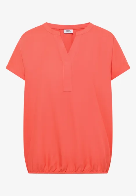 Kurzarm Bluse mit Split Neck shiny coral Korallfarbenes Damen-Shirt mit kurzen Ärmeln, V-Ausschnitt und elastischem Saum.