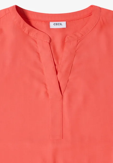 Kurzarm Bluse mit Split Neck shiny coral Korallenrote Bluse mit V-Ausschnitt und Rundkragen, schlicht und elegant.
