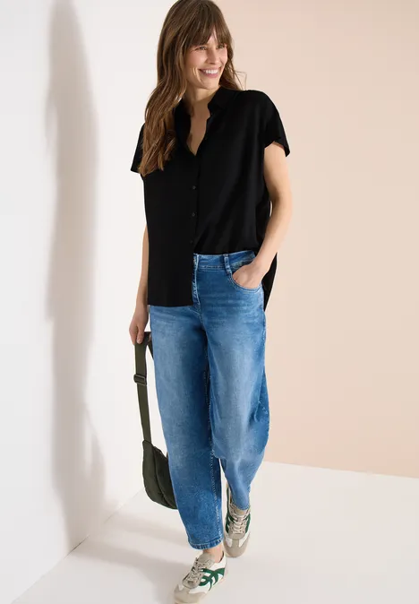 Basic blouse met overhemdkraag in effen kleur Black