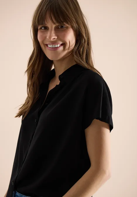 Basic blouse met overhemdkraag in effen kleur Black