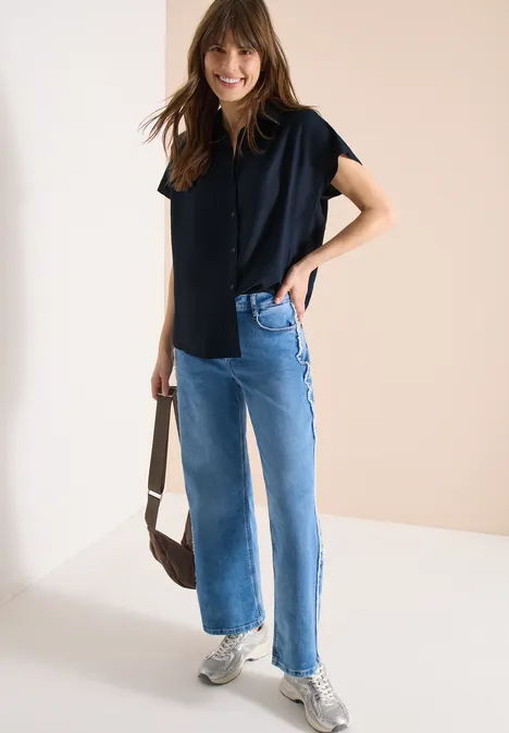 Basic blouse met overhemdkraag in effen kleur universal blue