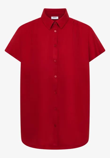 Rotes, kurzärmeliges Hemd mit Knopfleiste und Kragen.