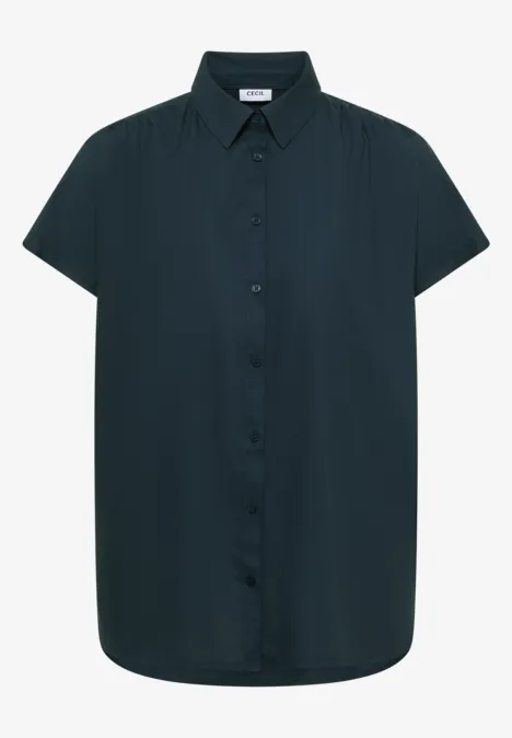 Dunkelgrüne, kurzärmelige Bluse mit Hemdkragen und durchgehender Knopfleiste.