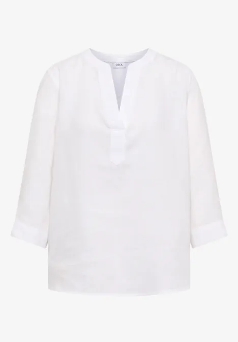 3/4-Arm Tunika aus reinem Leinen White Weiße Bluse mit leichtem V-Ausschnitt und 3/4-Ärmeln