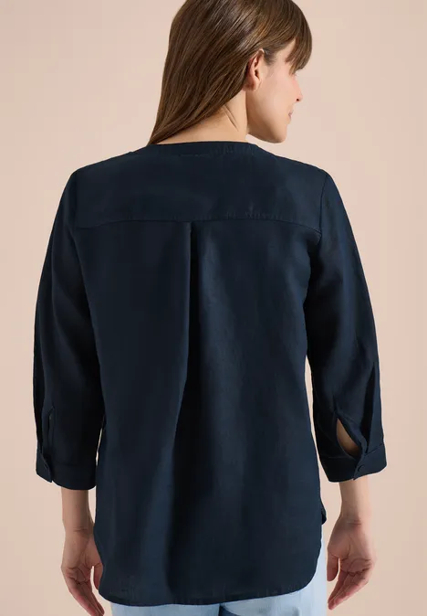 3/4-Arm Tunika aus reinem Leinen universal blue Rückansicht einer dunkelblauen Bluse mit 3/4-Ärmeln und abgerundetem Saum.