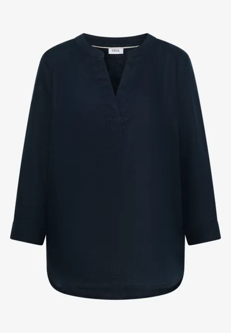 3/4-Arm Tunika aus reinem Leinen universal blue Dunkelblaue, locker geschnittene Bluse mit V-Ausschnitt und 3/4-Ärmeln.