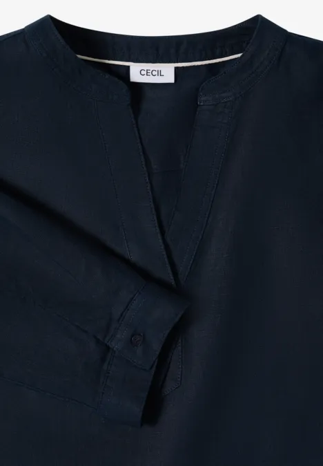 3/4-Arm Tunika aus reinem Leinen universal blue Dunkelblaue Damenbluse mit V-Ausschnitt und langen Ärmeln, Marke CECIL.