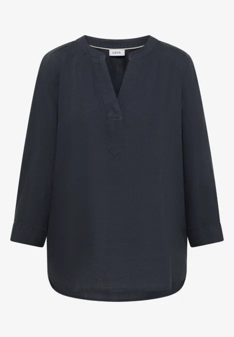 3/4-Arm Tunika aus reinem Leinen volcanic grey Lockere schwarze Bluse mit V-Ausschnitt und 3/4-Ärmeln, leichter Fall.