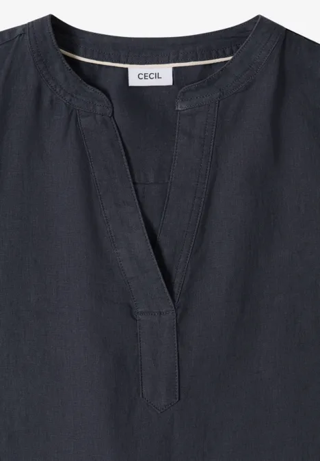3/4-Arm Tunika aus reinem Leinen volcanic grey Schwarze Bluse mit V-Ausschnitt und Label 'CECIL'.