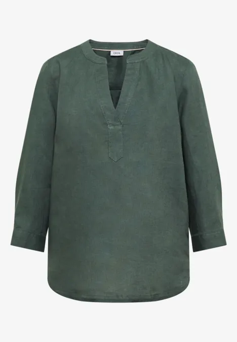 3/4-Arm Tunika aus reinem Leinen just khaki Locker geschnittene grüne Damenbluse mit langem Arm und V-Ausschnitt