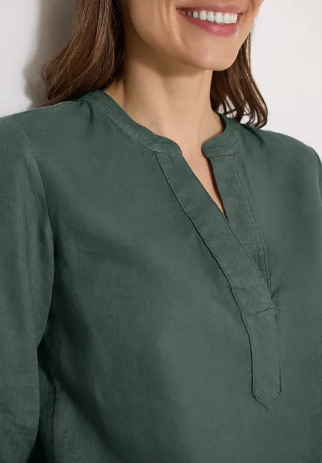 3/4-Arm Tunika aus reinem Leinen just khaki Damenbluse aus Leinen in dunklem Grün mit V-Ausschnitt und Knopfleiste.