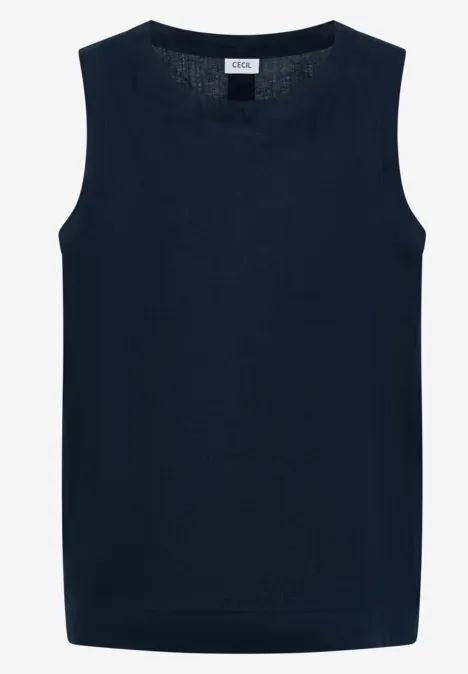 Ärmelloses, dunkelblaues Strick-Top mit Rundhalsausschnitt.