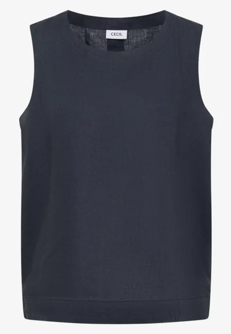 Dunkelblaues, ärmelloses Damentop mit geradem Schnitt und schlichtem Design.