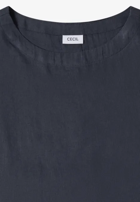 Dunkelgraues, schlichtes Damen-Top mit rundem Ausschnitt aus leicht strukturiertem Stoff.