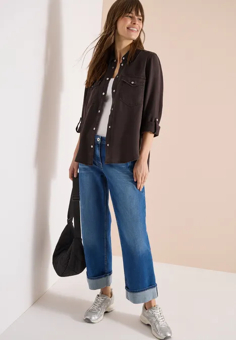 Blouse met overhemdkraag en omslag macchiato brown Blouse met overhemdkraag en omslag macchiato brown