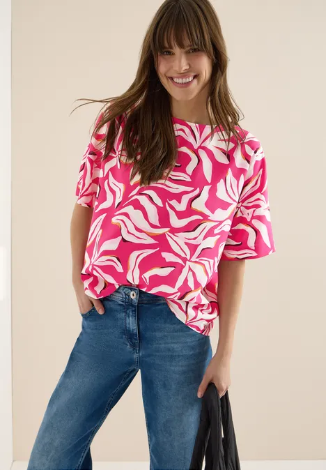 Blouse met korte mouwen, print en knopen beetroot pink Blouse met korte mouwen, print en knopen beetroot pink
