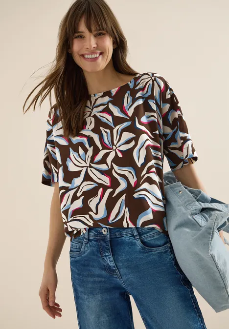 Blouse met korte mouwen, print en knopen macchiato brown Blouse met korte mouwen, print en knopen macchiato brown