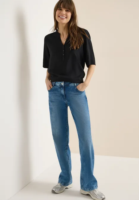 Blouse met gespleten hals en elastische zoom Black Blouse met gespleten hals en elastische zoom Black