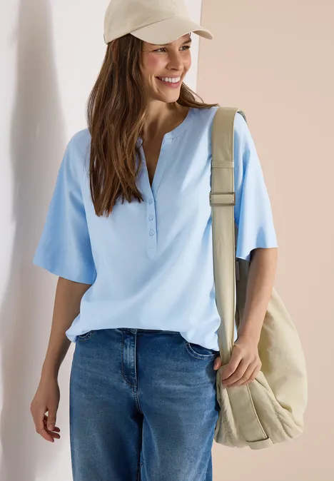 Bluse mit Split Neck und Elastiksaum light sky blue