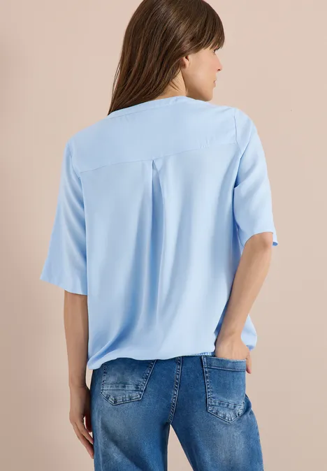 Bluse mit Split Neck und Elastiksaum light sky blue
