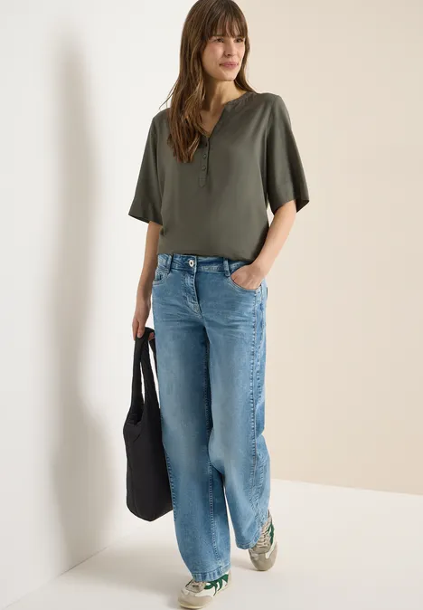 Blouse met gespleten hals en elastische zoom khaki