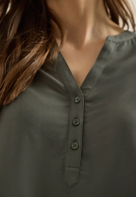 Blouse met gespleten hals en elastische zoom khaki
