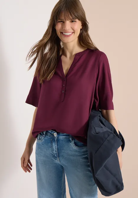 Bluse mit Split Neck und Elastiksaum sweet grape red