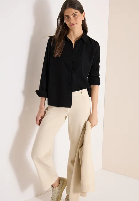 Langarm Bluse mit Struktur und Knöpfen Black