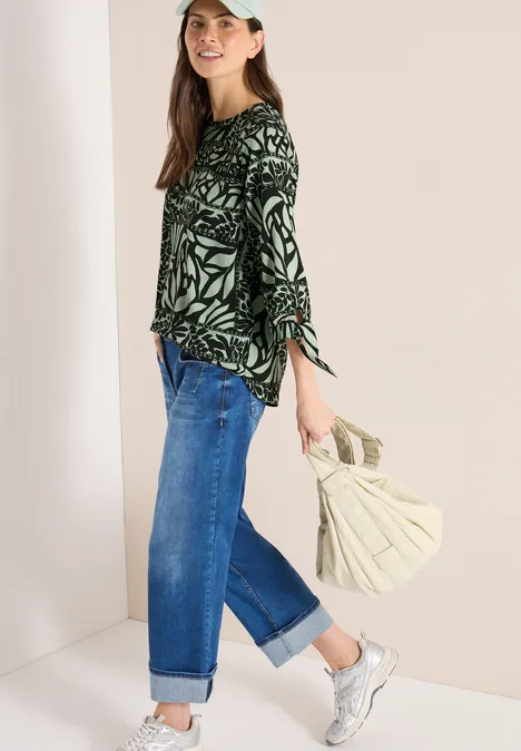 3/4-mouwen blouse met patchworkprint raw khaki