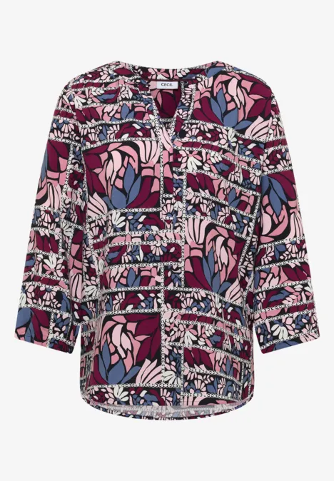3/4-Arm Bluse mit Patchwork-Print deep plum