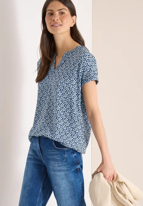 Bluse mit Split Neck und Minimal Print universal blue