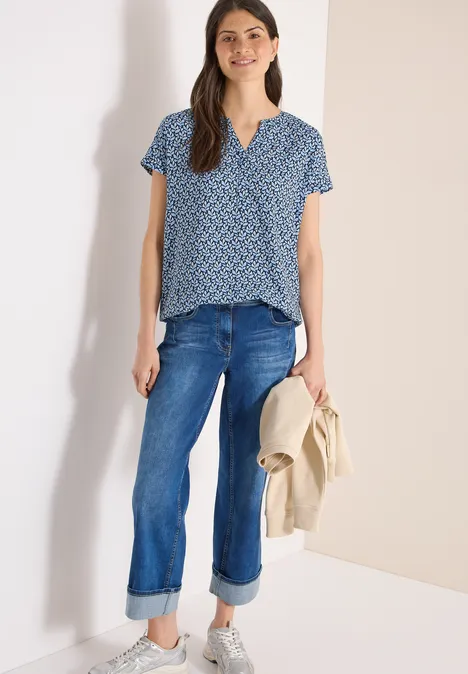 Bluse mit Split Neck und Minimal Print universal blue