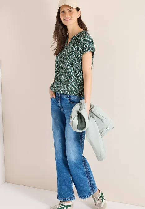 Bluse mit Split Neck und Minimal Print raw khaki