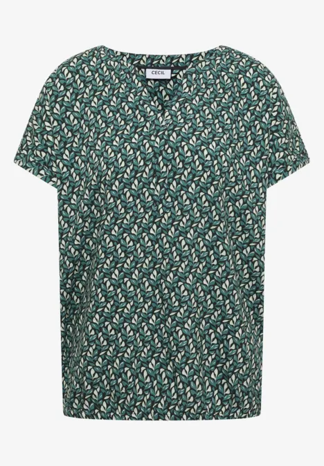 Bluse mit Split Neck und Minimal Print raw khaki