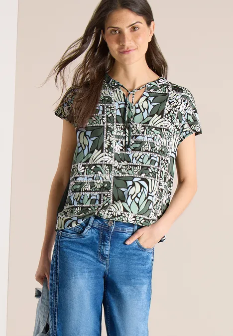 Bluse mit Split Neck und Strukturmix raw khaki