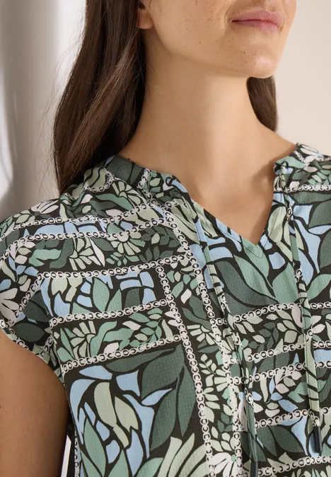 Bluse mit Split Neck und Strukturmix raw khaki