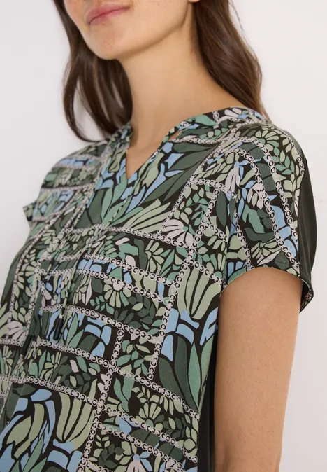 Bluse mit Split Neck und Strukturmix raw khaki