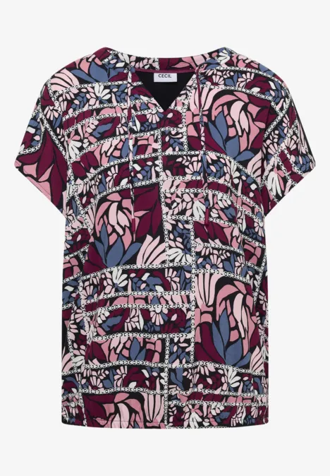 Blouse met gespleten hals en structuurmix deep plum