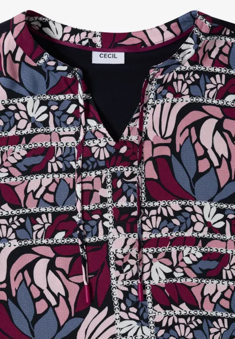 Blouse met gespleten hals en structuurmix deep plum