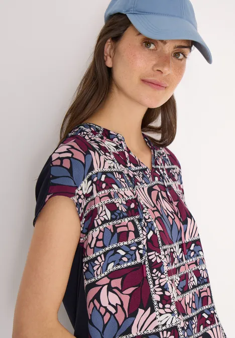 Blouse met gespleten hals en structuurmix deep plum