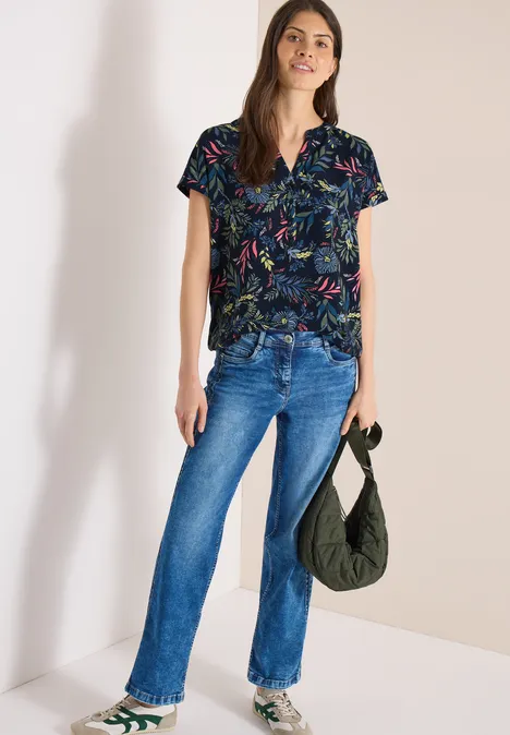 Bluse mit Split Neck und Print universal blue