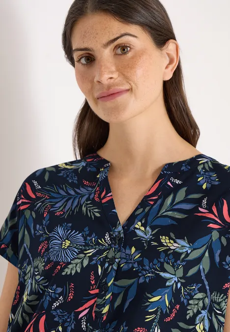Bluse mit Split Neck und Print universal blue