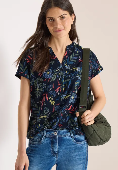 Bluse mit Split Neck und Print universal blue