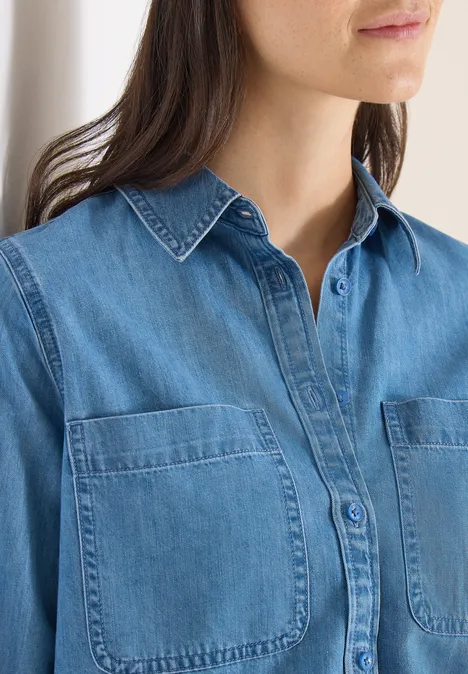 Bluse mit Hemdkragen im Denim-Look mid blue wash