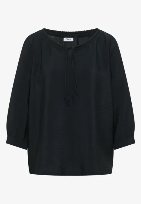 Chemisier Carmen à manches courtes et rubans palm breeze green Schwarze Bluse mit dreiviertel Ärmeln und gerafftem, rundem Ausschnitt mit Bindeband.