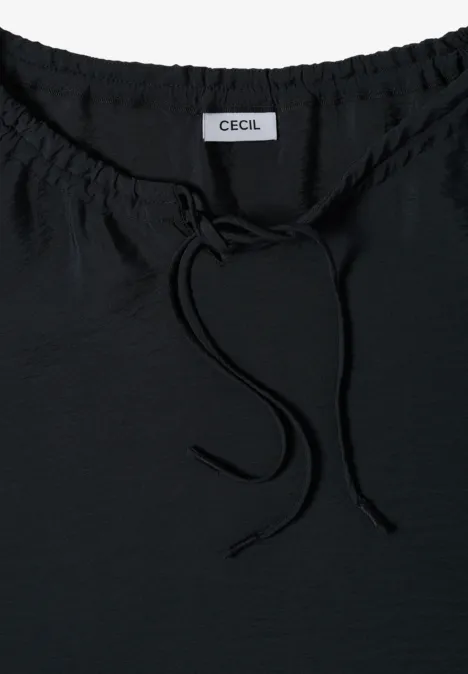 Chemisier Carmen à manches courtes et rubans palm breeze green Schwarzes Damen-T-Shirt oder Bluse mit Tunnelzug am Ausschnitt und Markenschild 'CECIL'.