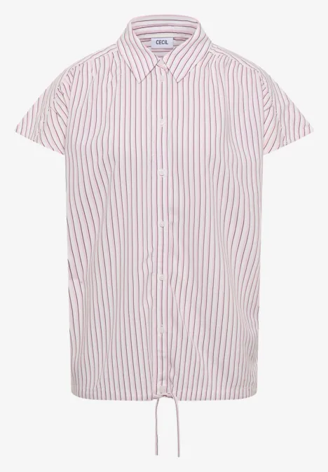 Korte-mouwen bloes met roze-witte strepen en aantrekkoord onderaan.