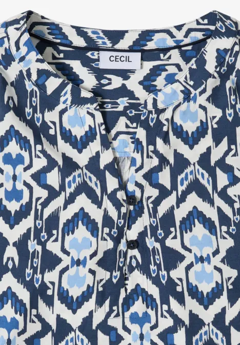 Blauw-witte damesblouse met ikat-patroon, V-hals en knoopsluiting